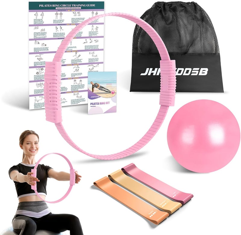 JHMFDDSB Pilates Ring Set, Pilates Essentials Kit with Pilates Ring and Ball, 3 Resistance Bands, Portable Bag & Training Poster, at Home Pilates Starter Workouts Equipment Kit for Women - Image 1